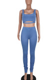 Blue Casual Sportswear Solid Patchwork U Neck Sleeveless Two Pieces