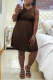 Brown Casual Solid Patchwork U Neck Cake Skirt Dresses