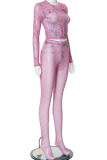 Pink Sexy Print Patchwork O Neck Long Sleeve Two Pieces