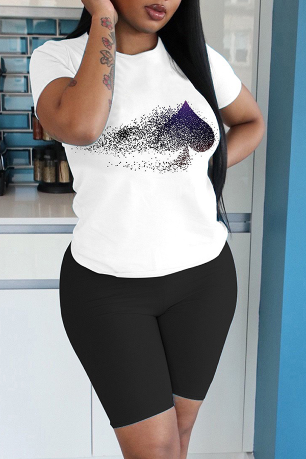 Black Casual Print Letter O Neck Short Sleeve Two Pieces