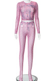 Pink Sexy Print Patchwork O Neck Long Sleeve Two Pieces