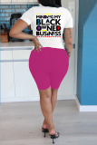 Rose Red Casual Print Letter O Neck Short Sleeve Two Pieces