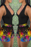 Black Casual Print Patchwork V Neck Two Pieces