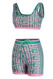 Pink Fashion Sexy Print Patchwork U Neck Sleeveless Two Pieces
