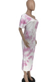 Pink Casual Print Tie Dye Bandage Patchwork Backless Slit V Neck Straight Dresses