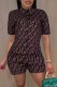 Dark Brown Fashion Casual Print Letter Turndown Collar Short Sleeve Two Pieces