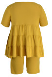 Yellow Casual Solid Patchwork Fold O Neck Plus Size Two Pieces