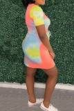 Yellow Casual Print Tie Dye Bandage Patchwork O Neck Straight Dresses