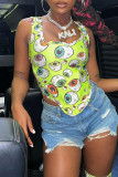 Green Yellow Sexy Street Print Patchwork Asymmetrical Square Collar Tops
