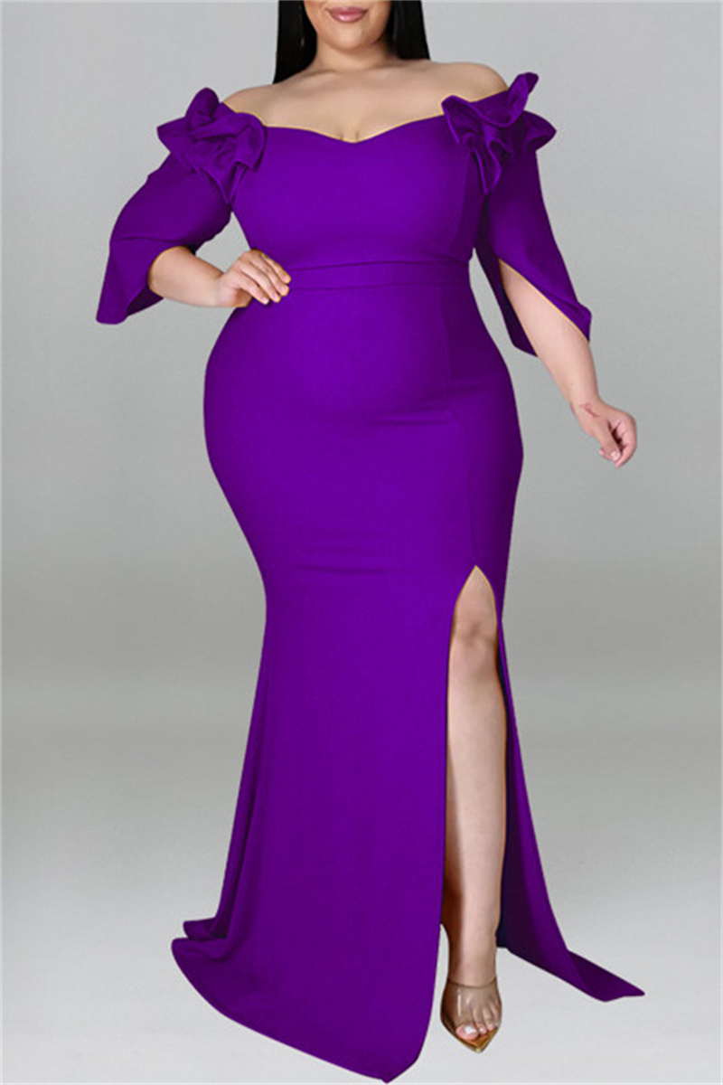 Us 1398 Purple Fashion Sexy Plus Size Solid Patchwork Slit Off The Shoulder