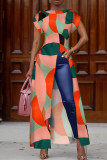 Pink Casual Print Patchwork Slit O Neck A Line Dresses