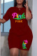 Burgundy Fashion Casual Letter Print Patchwork O Neck Short Sleeve Plus Size Two Pieces