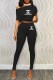 Black Fashion Casual Print Letter Oblique Collar Short Sleeve Two Pieces