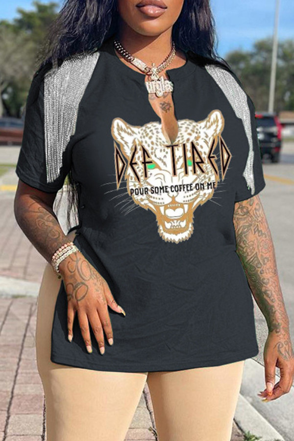 Black Fashion Casual Print Tassel Patchwork V Neck T-Shirts