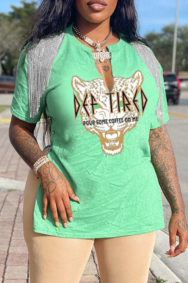 Light Green Fashion Casual Print Tassel Patchwork V Neck T-Shirts