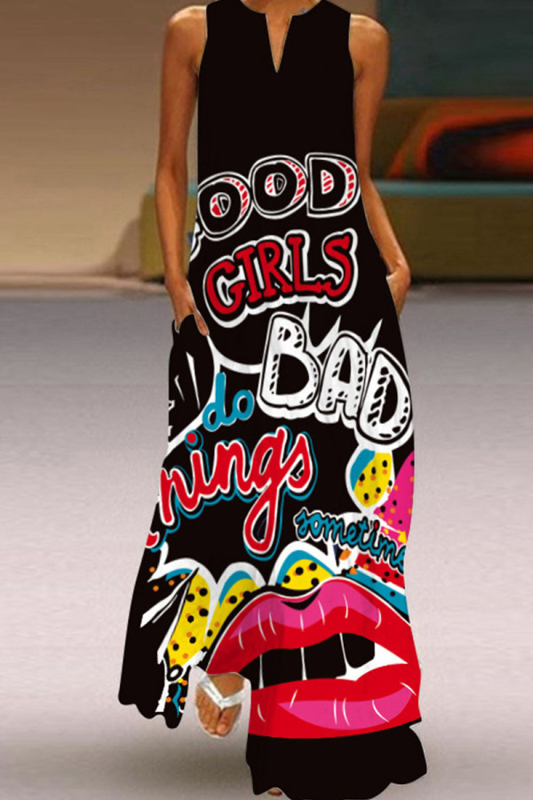Colour Casual Print Patchwork V Neck Straight Dresses