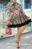Black Fashion Casual Print Patchwork O Neck Long Sleeve Dresses (Without Belt)