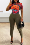 Dark Brown Sexy Print Patchwork O Neck Short Sleeve Two Pieces
