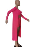 Rose Red Sexy Solid Patchwork Long Sleeve Two Pieces