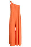 Tangerine Red Casual Solid Patchwork Oblique Collar Loose Jumpsuits