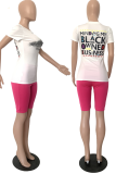 Rose Red Casual Print Letter O Neck Short Sleeve Two Pieces
