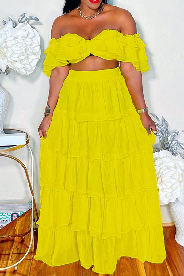 Yellow Sexy Solid Patchwork Flounce Fold Off the Shoulder Short Sleeve Two Pieces
