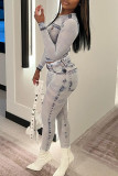 Pink Sexy Print Patchwork O Neck Long Sleeve Two Pieces
