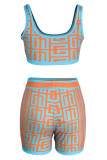 Pink Fashion Sexy Print Patchwork U Neck Sleeveless Two Pieces