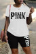 Black And White Fashion Casual Letter Print Patchwork O Neck Short Sleeve Plus Size Two Pieces