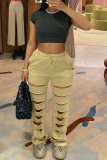 Khaki Casual Solid Ripped Loose High Waist Wide Leg Solid Color Bottoms