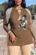 Coffee Fashion Sexy Character Print Patchwork V Neck T-Shirts