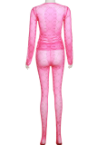 Rose Red Sexy Print See-through Half A Turtleneck Long Sleeve Two Pieces