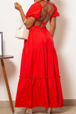 Red Sexy Solid Hollowed Out Patchwork Backless V Neck Straight Dresses