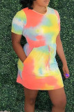 Yellow Casual Print Tie Dye Bandage Patchwork O Neck Straight Dresses