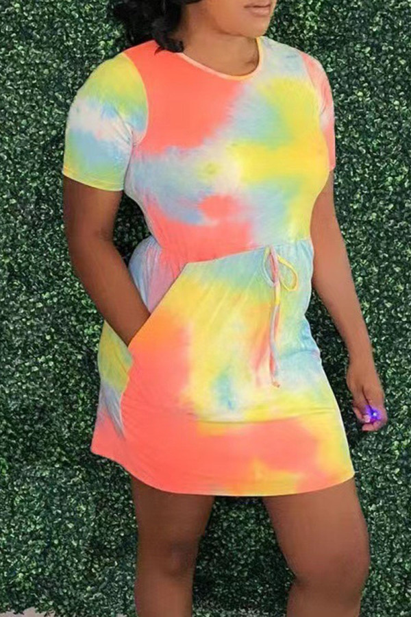 Yellow Casual Print Tie Dye Bandage Patchwork O Neck Straight Dresses