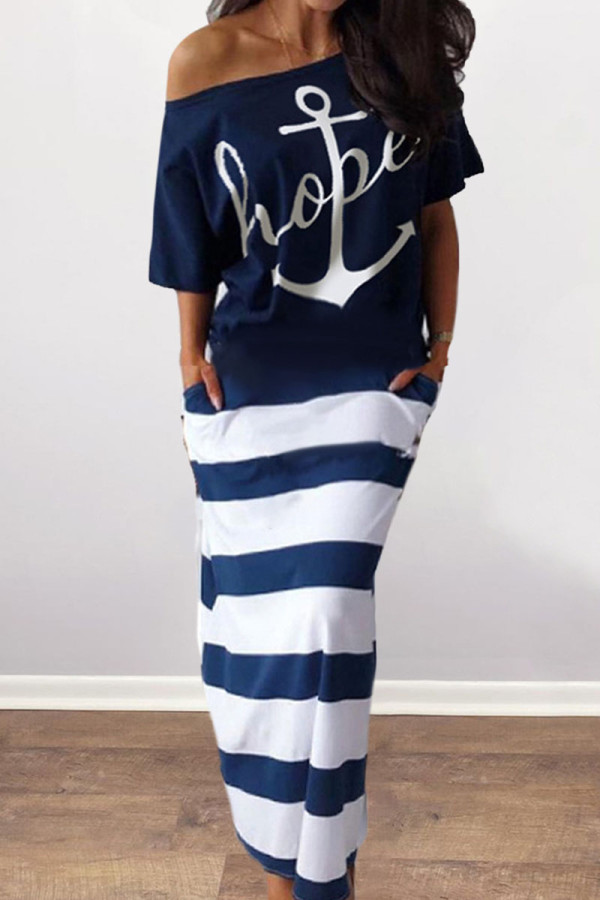 Deep Blue Casual Print Patchwork Off the Shoulder Straight Dresses
