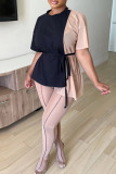 Blue Red Casual Solid Bandage Patchwork Asymmetrical O Neck T-Shirts
