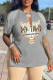 Grey Fashion Casual Print Tassel Patchwork V Neck T-Shirts