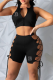 Black Fashion Print Draw String Zipper Collar Sleeveless Two Pieces
