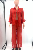 Red Sexy Solid Patchwork Buckle Fold Turndown Collar Long Sleeve Three Pieces