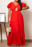 Red Sexy Solid Hollowed Out Patchwork Backless V Neck Straight Dresses