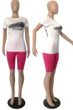 Rose Red Casual Print Letter O Neck Short Sleeve Two Pieces