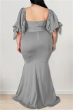 Grey Fashion Sexy Plus Size Solid Backless Slit Square Collar Evening Dress