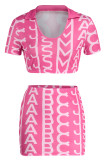 Pink Sexy Print Patchwork V Neck Short Sleeve Two Pieces
