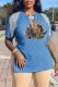 Blue Fashion Sexy Character Print Tassel V Neck T-Shirts