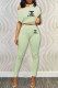 Light Green Fashion Casual Print Letter Oblique Collar Short Sleeve Two Pieces