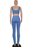 Blue Casual Sportswear Solid Patchwork U Neck Sleeveless Two Pieces
