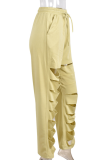 Khaki Casual Solid Ripped Loose High Waist Wide Leg Solid Color Bottoms