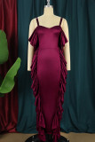Khaki Pink Elegant Solid Patchwork Slit Fold Stringy Selvedge Spaghetti Strap One Step Skirt Dresses