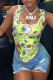 Green Yellow Sexy Street Print Patchwork Asymmetrical Square Collar Tops